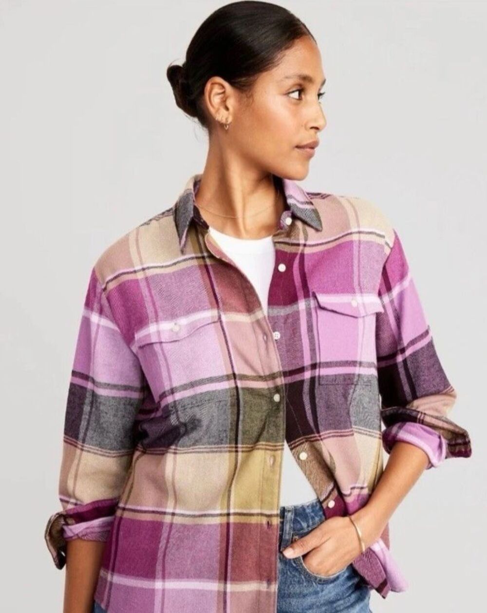 Old Navy Shirt Loose Flannel Boyfriend Size Petit Small Red Raisin Button Up
